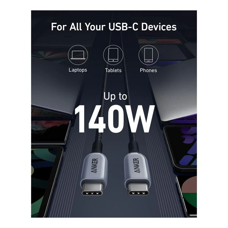 Anker 765 Usb-C To Usb-C Cable 140W 6Ft Nylon Gray, A8866HA1 - Image 2
