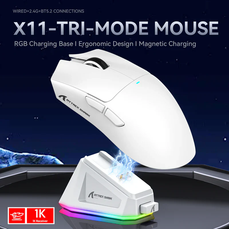 ATTACK SHARK X11 Wireless Gaming Mouse with Charging Dock, 63g Ultra-Lightweight, PixArt PAW3311 Sensor, & Tri-Mode Connectivity, White - Image 4