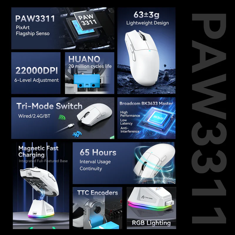 ATTACK SHARK X11 Wireless Gaming Mouse with Charging Dock, 63g Ultra-Lightweight, PixArt PAW3311 Sensor, & Tri-Mode Connectivity, White - Image 9
