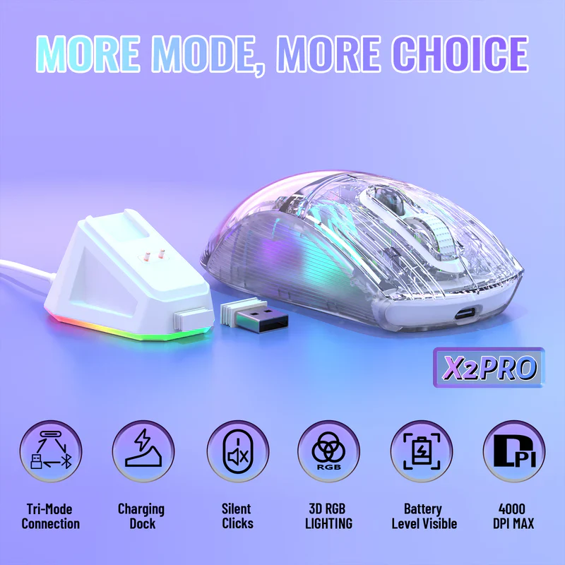 ATTACK SHARK X2 PRO Wireless Semi-Transparent Black Gaming Mouse with RGB Magnetic Charging Dock,Tri-Mode (BT/2.4G/Wired)-White - Image 2