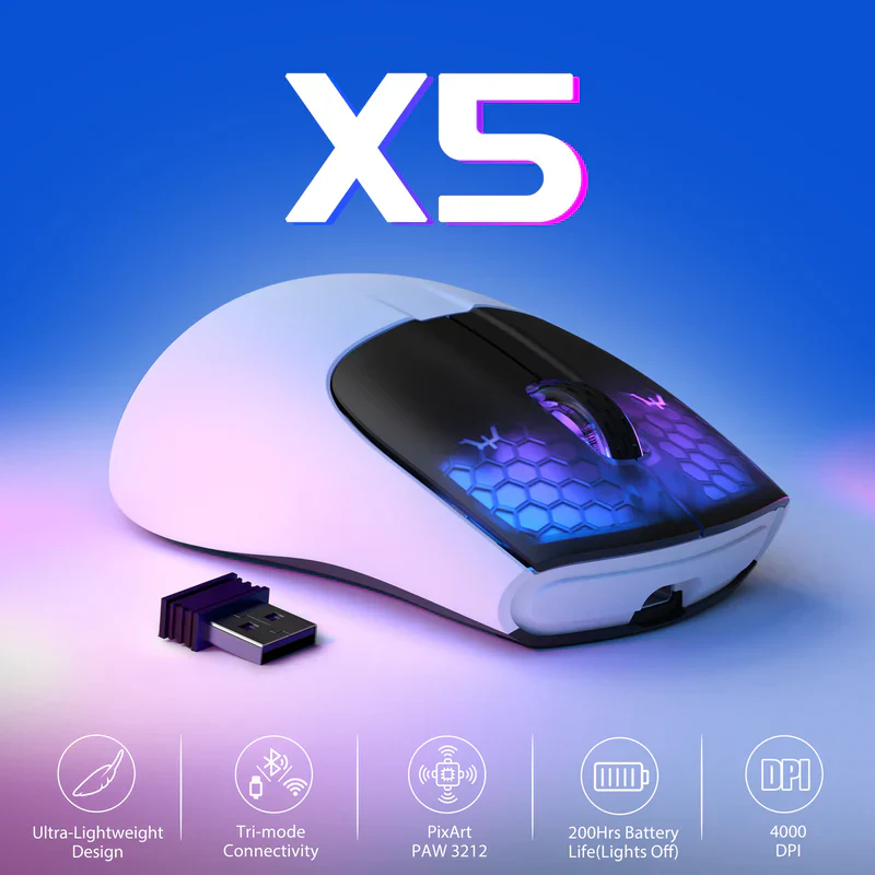 ATTACK SHARK X5 Wireless 49g Ultralight Tri-mode 2.4Ghz/USB-C Wired/Bluetooth Gaming Mouse-White - Image 6