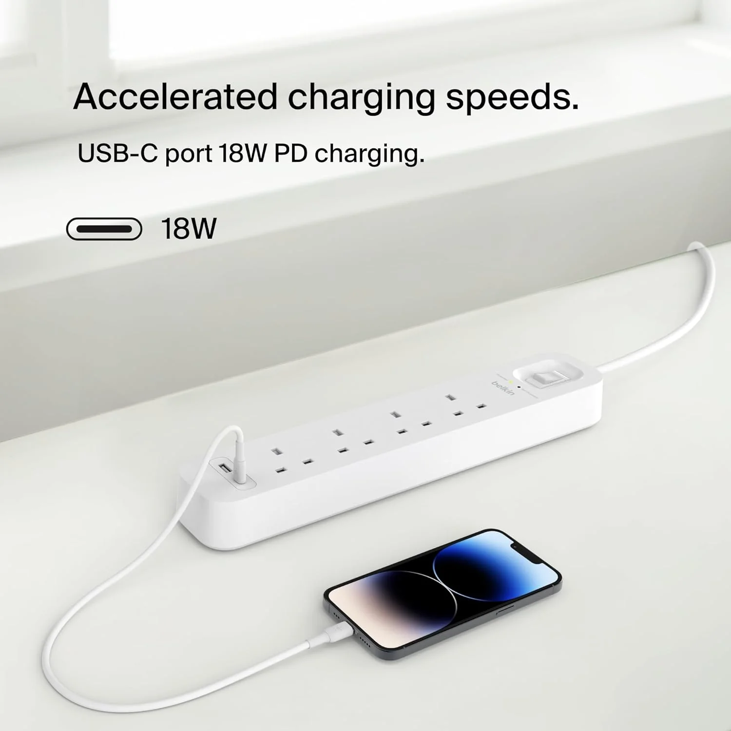 Belkin 4-Outlet Surge Protector Power Strip, Wall-Mountable with 4 AC Outlets, 2M Power Cord, & Green Indicator Light - USB-C Port & USB-A Port w/USB-C PD Fast Charging - 525 Joules of Protection - Image 4