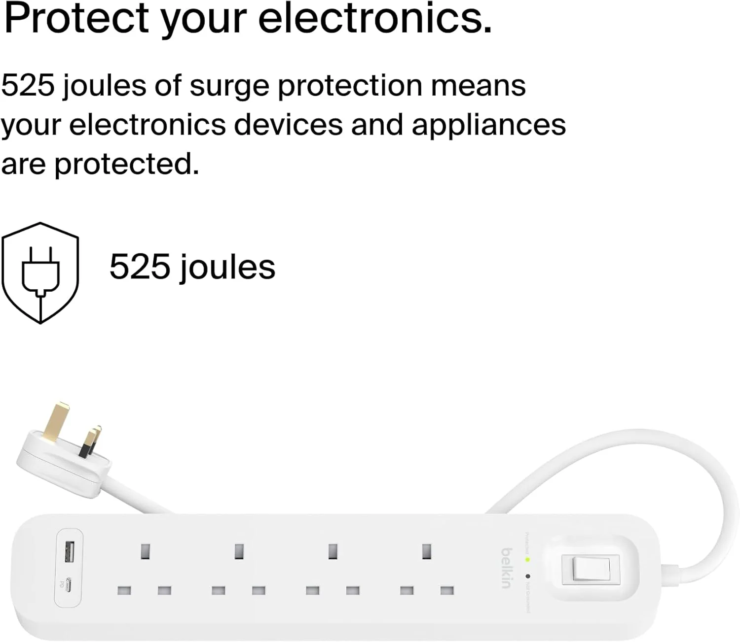 Belkin 4-Outlet Surge Protector Power Strip, Wall-Mountable with 4 AC Outlets, 2M Power Cord, & Green Indicator Light - USB-C Port & USB-A Port w/USB-C PD Fast Charging - 525 Joules of Protection - Image 5