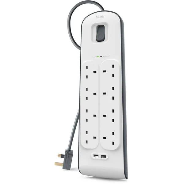 Belkin 8 Way/8 Plug Surge Protection Strip With 2 Meters Cord Length - Heavy Duty Electrical Extension Socket With 2 X 2.4 A Shared USB Ports - Image 4