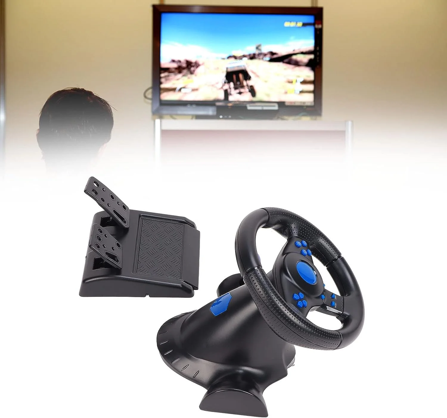 Game Steering Wheel, Vibration 180° Rotation Control Buttons Plug and Play Realistic USB Game Steering Wheel with Pedal - Image 7