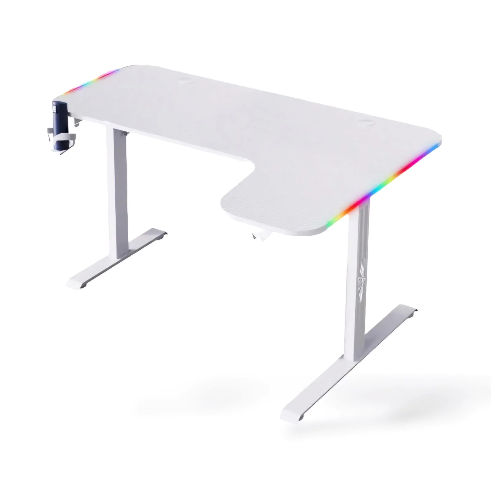 L-Shaped Carbon Fiber Gaming Computer Desk with RGB LED Lighting, Cup Holder, and Headphone Hook (White), GAMLS160-RIGHT - Image 3
