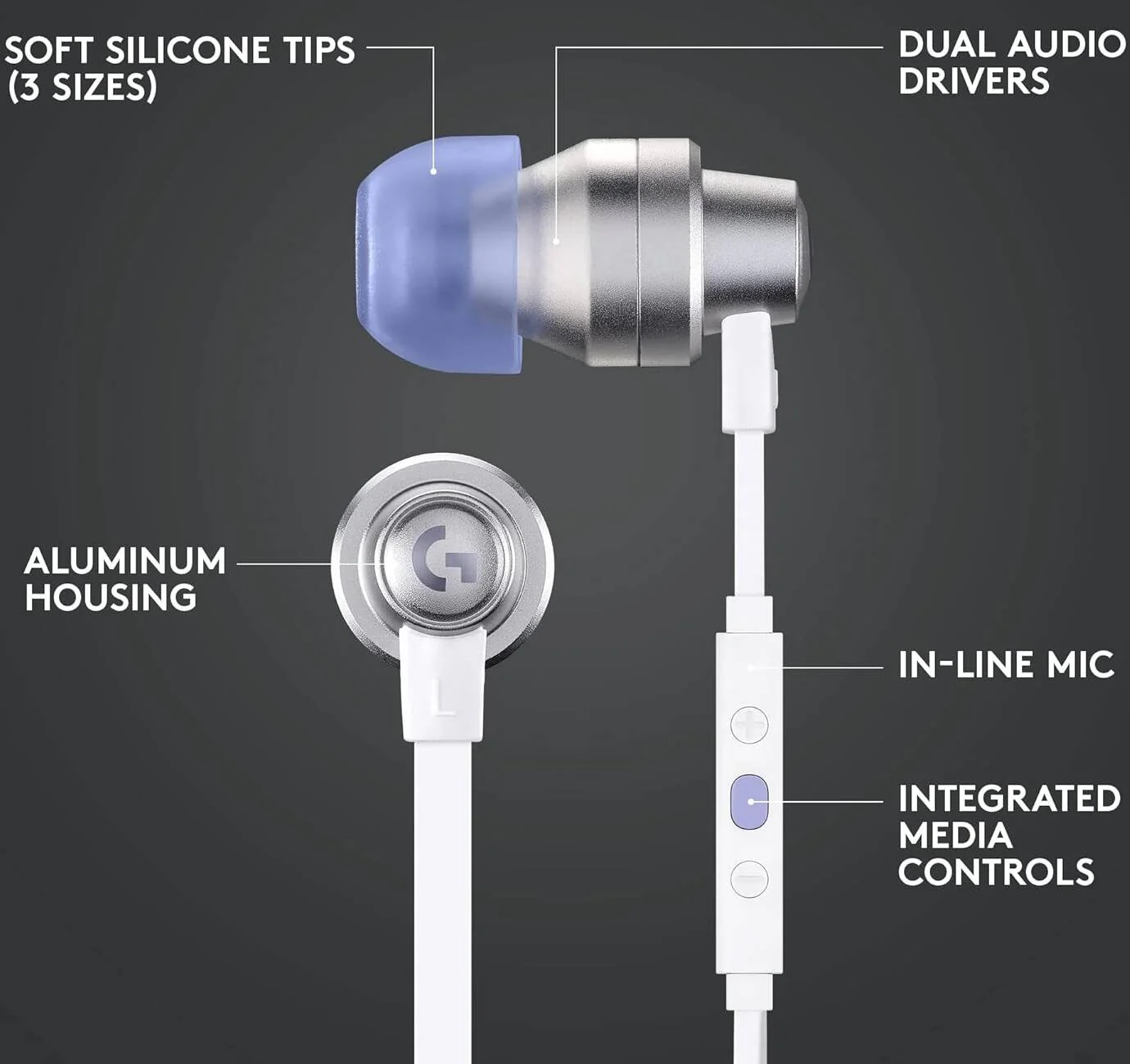 Logitech G333 In Ear Gaming Earphone, In Line Mic and Controls, Gaming Grade Dual Drivers, Durable Aluminum Housing, Adaptive Comfort, White&Purple - Image 11