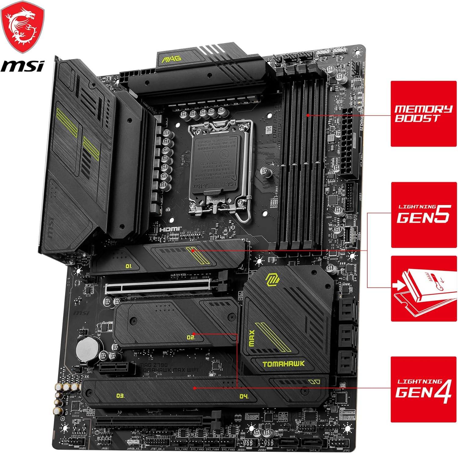 Msi MAG Z790 TOMAHAWK MAX WIFI Intel® LGA 1700 ATX Motherboard, Intel Z790 Chipset, 4x DDR5, 1x HDMI™, 2x PCI-E x16 slot, 4x M.2, 8x SATA 6G, Intel® 2.5Gbps LAN, Wi-Fi 7, Realtek® ALC4080 Codec, 4x EZ Debug LED, High Quality PCB | 911-7E25-010-GC - Image 2