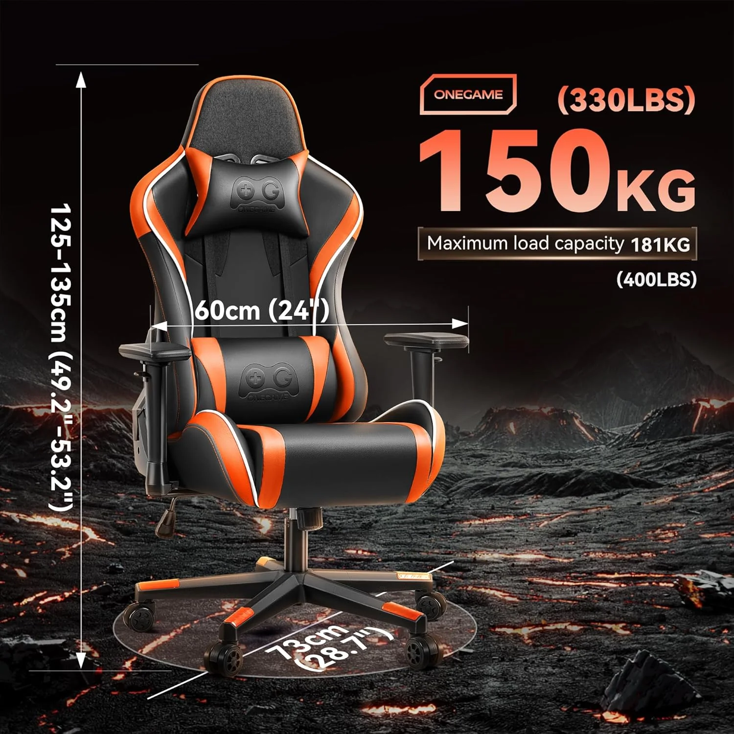 OneGame Gaming Chair, High Back Computer Leather Game Chair 155°Adjustable Backrest Swivel Ergonomic Office Gamer Chair with Lumbar Support-Orange& Black - Image 6