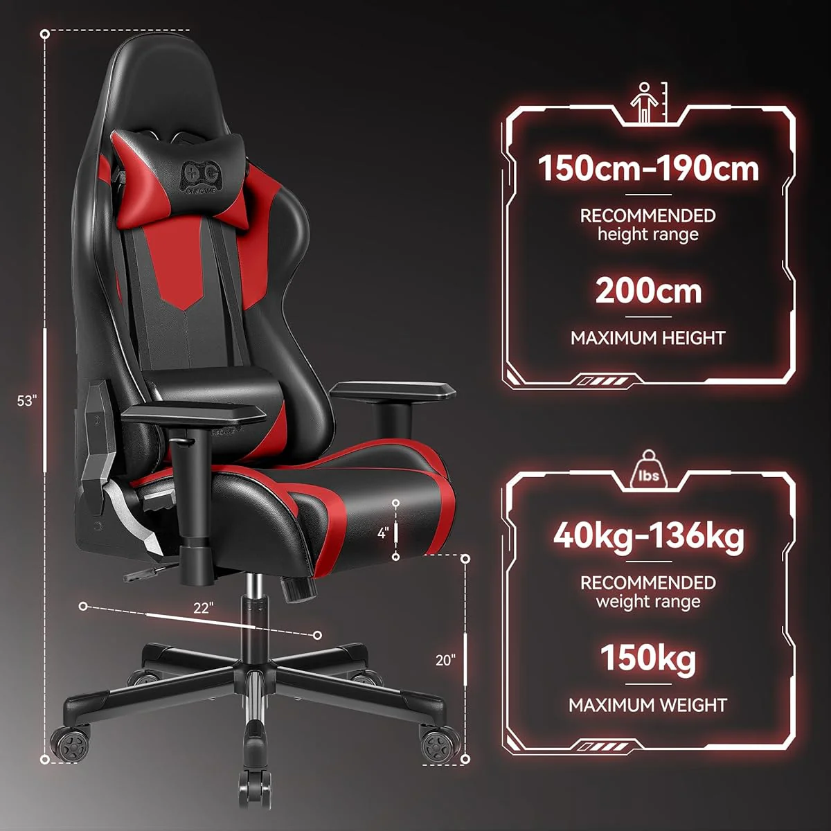OneGame Gaming Chair, High Back Computer Leather Chair 155°Adjustable Backrest Swivel Ergonomic Office Chair with Lumbar Support, Black&Red - Image 6