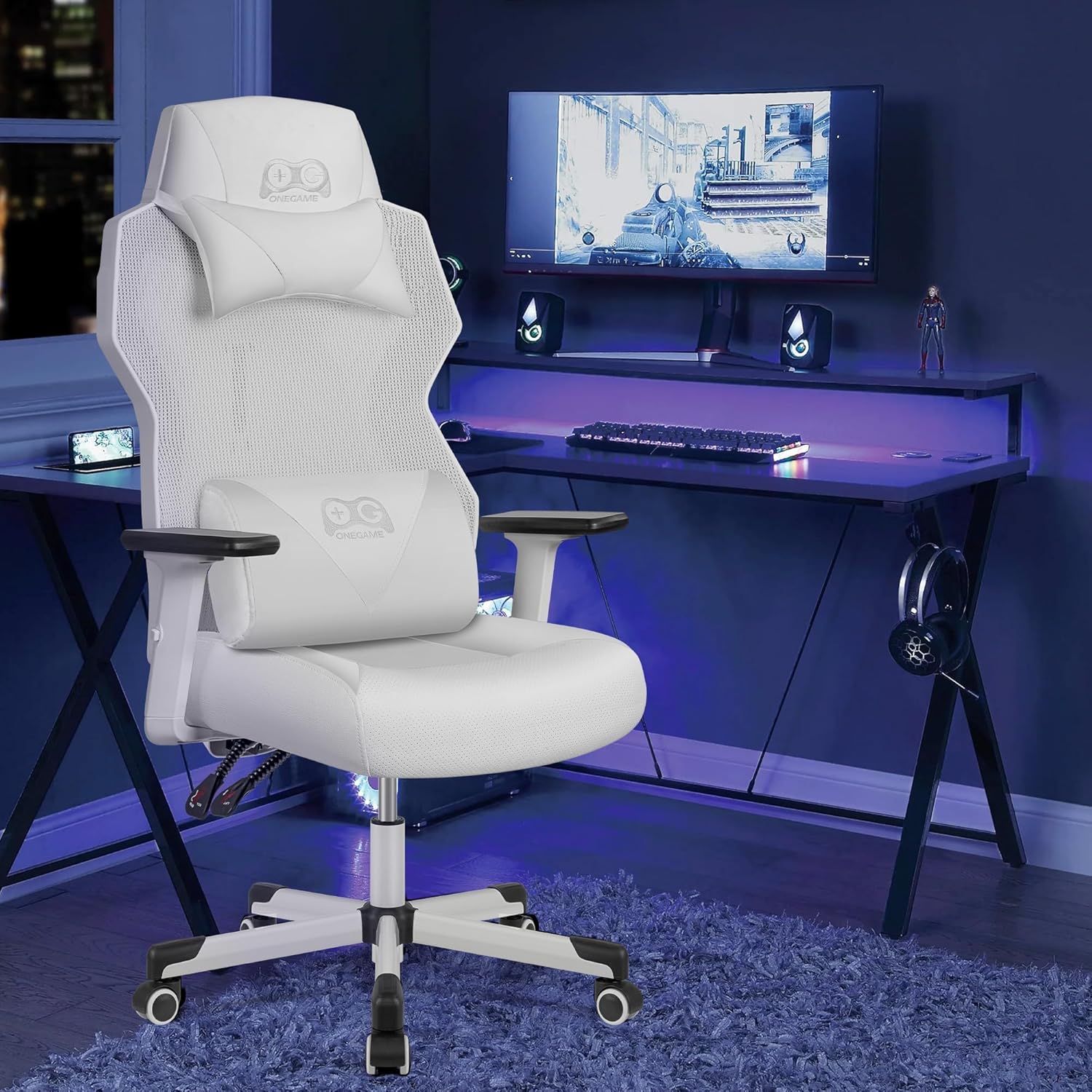 OneGame Video Gaming Chair, Breathable Swivel Chair Adjustable Backrest Ergonomic PC with Lumbar Support, White - Image 5
