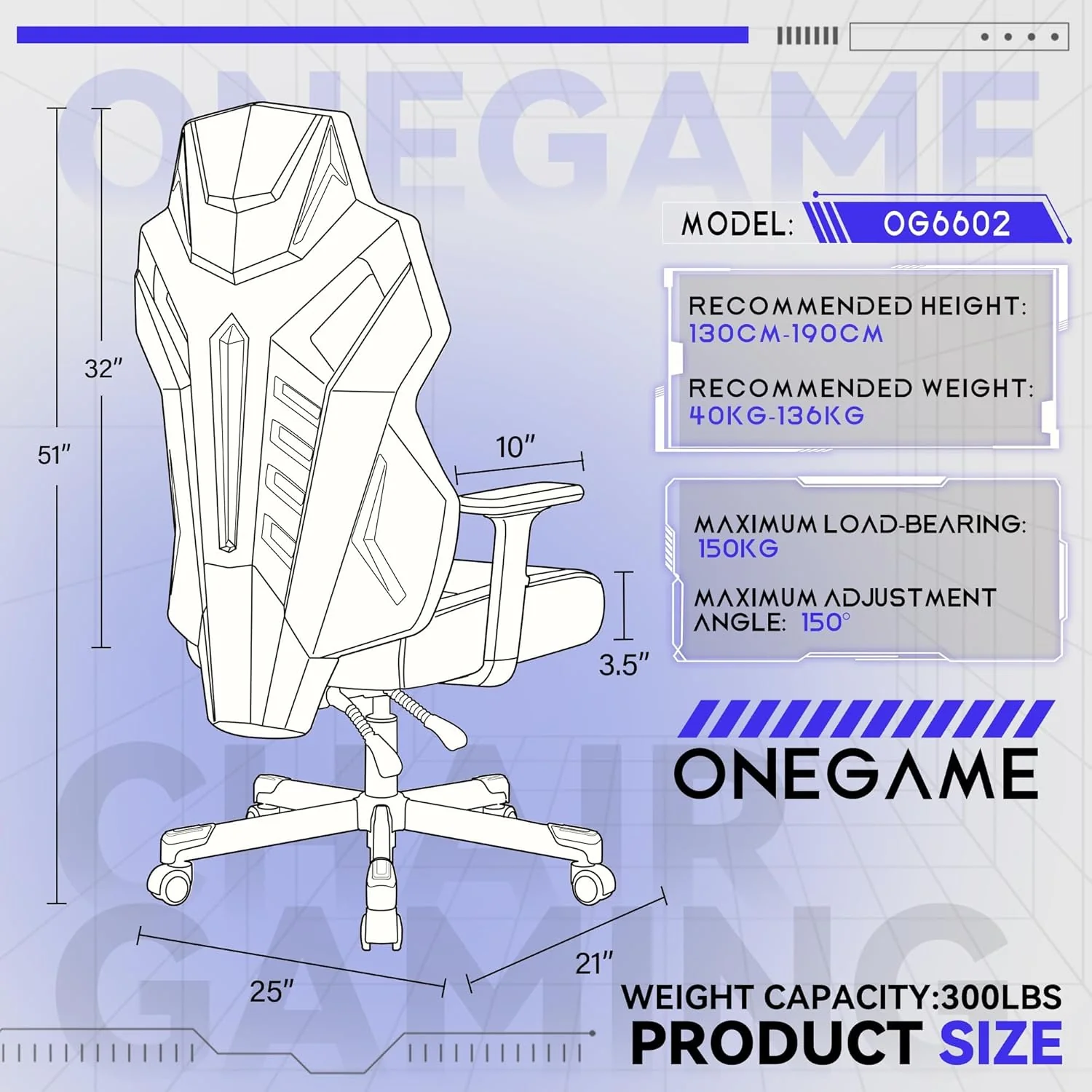 OneGame Video Gaming Chair, Breathable Swivel Chair Adjustable Backrest Ergonomic PC with Lumbar Support, White - Image 8